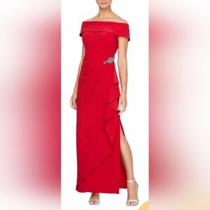 Alex Evening Off the Shoulder Side Swept Embellished Evening Gown NWT Sz 14 Red